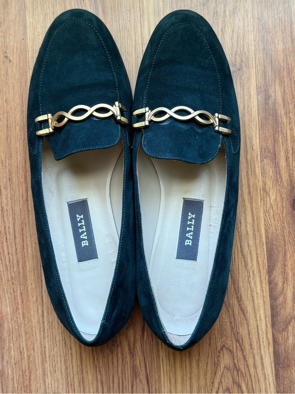 Bally Spruce Dark Forest Green Suede Loafers with Gold Hardware Xmas Party, 8.5M